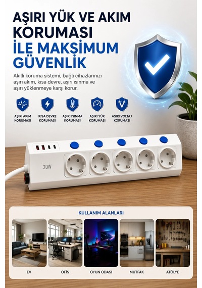 5'li Akım Korumalı Çoklu Priz 2 Metre Kablolu 3680w 16a 5 Anahtarlı 2usb-a 2 Usb-c Pd 20w Hızlı Ftr- 2 M