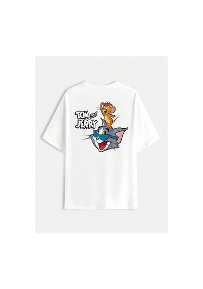 Tarzsokak Tom Ve Jerry Baskılı Oversize Unisex T-shirt Beyaz