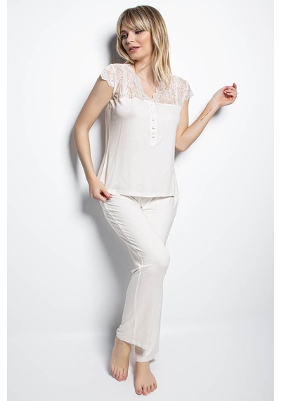 Monamise 18233 Kadın Kısa Kollu Pijama Takımı-ekru Ekru