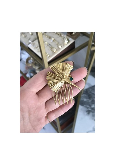 Yelpaze Taş Detaylı Gold Tarak Model Saç Toka