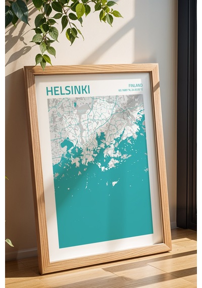 Helsinki Finlandiya Finland Haritası Çerçeveli Tablo Lüks Salon Ofis Duvar Dekorasyonu Tablo Kayın