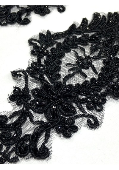 Siyah Boncuk Ve Pul İşlemeli / Güpür Dantel Aplike / 2'li Set / Df373