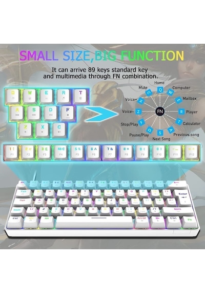 Trol Red Switch Mini Rgb Oyun Klavyesi Gaming Mekanik 62 Tuşlu 18 Led Usb Type-c Kablosu Beyaz Lcd