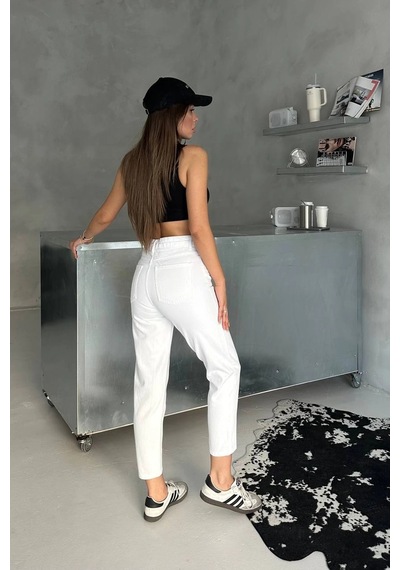 Premium Beyaz Renk Mom Jeans Beyaz