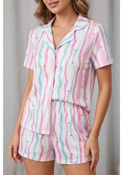 Yıldız Ve Kalp Desenli Çizgili Düğmeli Şortlu Pijama Takımı 4606 -çok Renkli Çok Renkli Yıldız Ve Kalp Desenli Çizgili Düğmeli Şortlu Pijama Takımı 4606 -çok Renkli Çok Renkli
