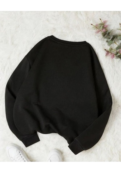 Tatlı Kedi Tasarım Sweatshirt - Siyah Baskılı Oversize Kalın Kışlık Bisiklet Yaka Siyah