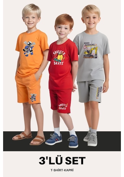 Fyk Kids Erkek Çocuk 3'lü Set T-shirt-kapri Takımları Çok Renkli