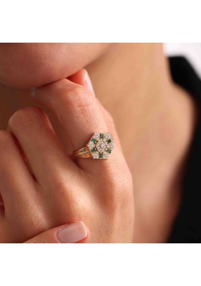 Baget Detaylı Altın Taşlı Yüzük Emerald T12870 Renkli