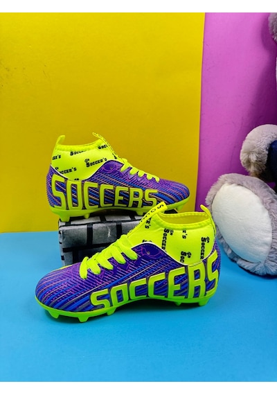 Erkek Çocuk Halısaha Kranpon Çoraplı Çivili Futbol Spor Ayakkabısı F35kr Mor-sarı