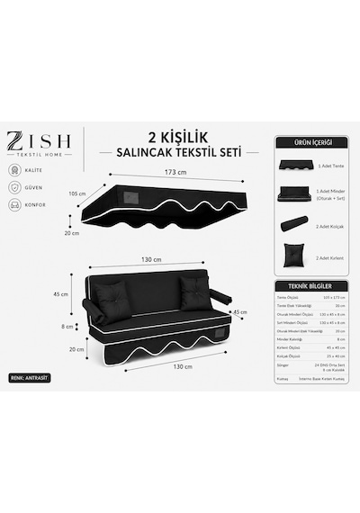 Altaleno 2 Kişilik 130 45 Cm Süngerli Bahçe Balkon Salıncak Minderi Yıkanabilir Kılıflı, Tenteli Keten Kumaş Tekstil Seti 24 Dns 8 Cm Orta Sert Sünger Antrasit