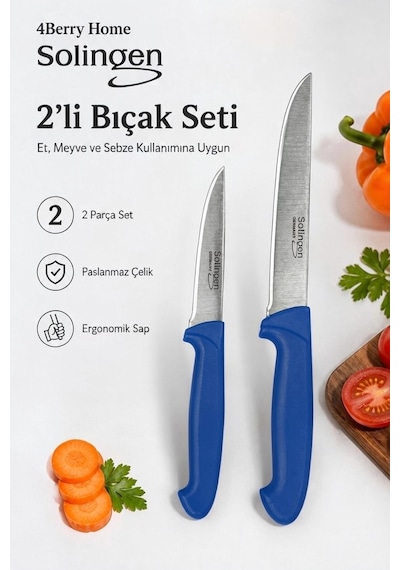Solingen 2 Li Paslanmaz Çelik Mutfak Bıçağı Seti Et, Meyve Ve Sebze Bıçağı Mavi