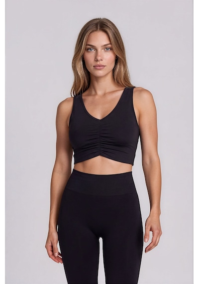 Vitrin Önü Büzgülü Crop Sporcu Atlet Siyah