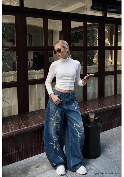 Kadın 2w6-5 Baggy Balloon Nakış Özel Tasarım Denim Jean Mavi