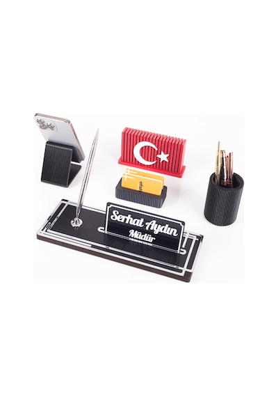 Vera Türk Bayraklı Gümüş Ahşap Masa İsimliği Seti Çizgi Desenli Ofis Dekoratif Masa Üstü İsimlik