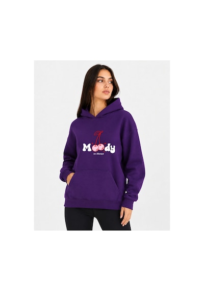 Herkesemoda Kiraz Baskılı Kapüşonlu 2 İplik Şardonlu Sweatshirt Mor