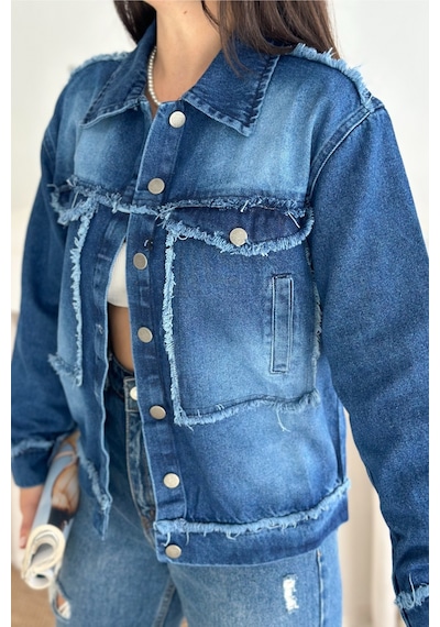 Femelle Kadın Mavi Saçaklı Dikiş Detaylı Oversize Denim Kot Ceket
