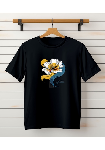 Aselinda Çiçek Baskılı Tasarım Tshirt-bisiklet Yaka Pamuklu Siyah /beyaz Tişört Siyah