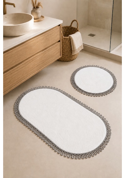 El Yapımı Bohem Banyo Paspası 2'li Peluş Kaymaz Jel Taban Yuvarlak 60x60 Cm Ve Oval 55x100 Cm Beyaz Gri