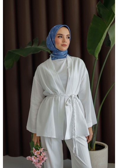 Moonsc Keten Kimono Kemerli Beyaz