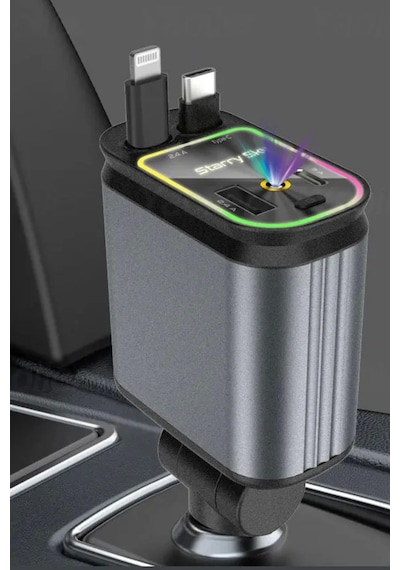 Acl Acc-01 Rgb Işıklı 66w Araç Şarj Cihazı 4in1 Geri Çekilebilir Kablo Type-c + Lightning Yıld