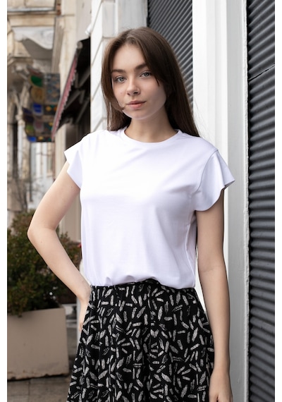 Kadın İpeksi Kumaş Geniş Sıfır Yaka Kısa Kol Tshirt Bluz-beyaz Beyaz