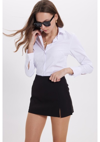 Tudors Kadın Slim Fit Dar Kesim Klasik Yaka Uzun Kollu Beyaz Gömlek-40337 Beyaz