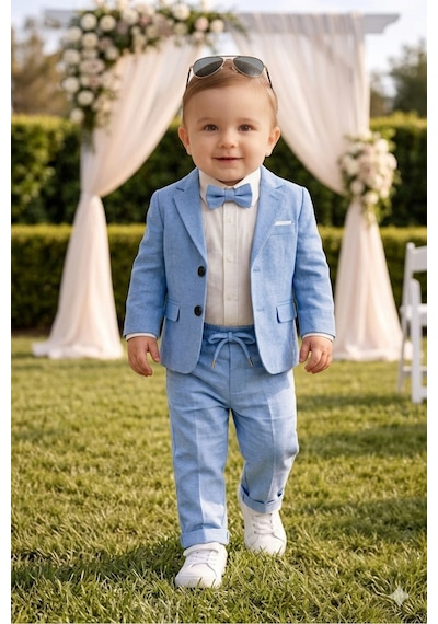 Baby Kids Colors Flamlı Keten Salaş Ceketli Takım Elbise/gömlek Pantolon Ceket Papyon Mavi