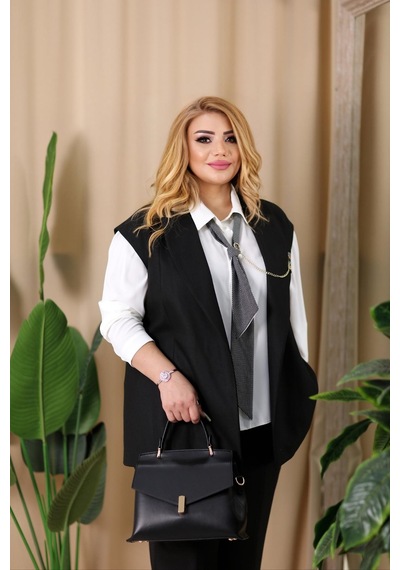Lady Sharm Krep Kumaş Zincir ve Kravat Detaylı Büyük Beden Kadın Takım Siyah