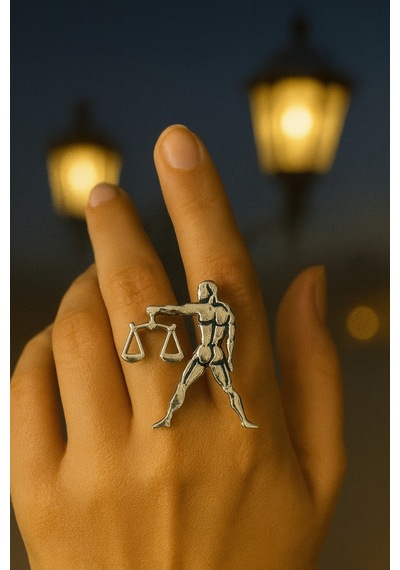 Terazi Burcu Simgeli Unisex Ayarlanabilir Metal Yüzük Gümüş - Gri