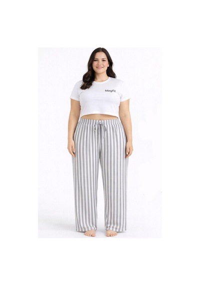 Viskon Pamuklu Kadın Büyük Beden Açık Gri Çizgili Pijama Pantolon - Mgb006 - Mudanis