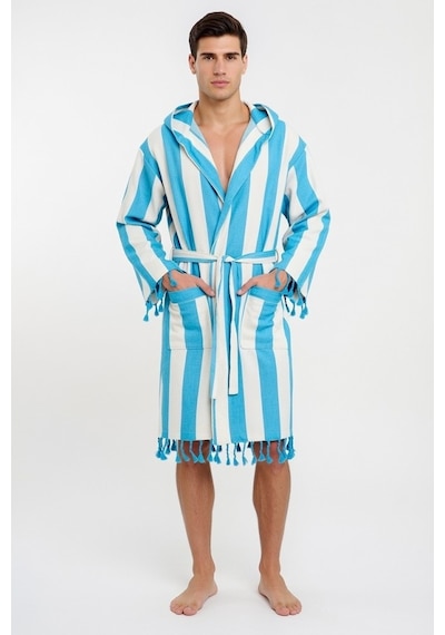 Erkek Striped Peştemal Bornoz %100 Pamuk Plaj Bornoz Mavi
