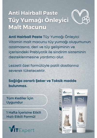 Tr Anti Hairball Tüy Yumağı Ve Sindirim Tamamlayıcı Tüm Kediler Için Malt Paste Macun 100 Gr