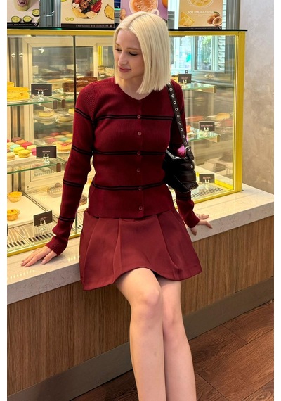 Madmext Bordo Çizgili Kadın Triko Hırka Mg2481 Bordo