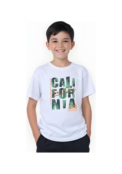 Panios Kids 1976 Cali Baskılı Erkek Çocuk Yuvarlak Yaka Kısa Kollu T-shirt Beyaz
