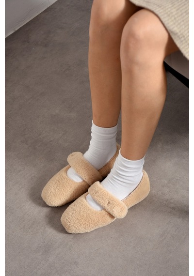 Nmoda Ultra Yumuşak Peluş Kadın Ev Babeti Ses Yapmaz Hafif Taban Panduf Vizon