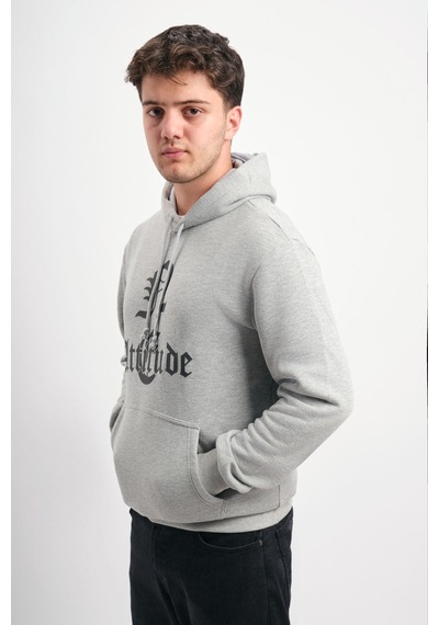We&me Oversize Geniş Kalıp Baskılı Kapüşonlu Erkek Sweatshirt Gri