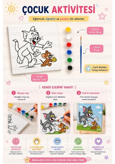 Tom & Jerry Baskılı Boyama Tuvali Seti 20x20 Cm 6 Renk Akrilik Boya + Fırça Dahil Çocuklar İçin