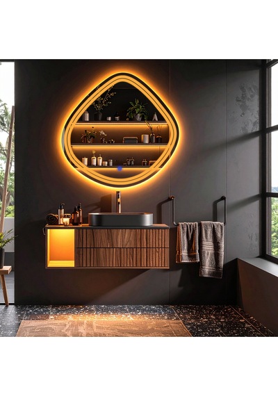 Nomari Amber Led'li Lazer Kumlamalı Lavabo & Banyo Aynası Dokunmatik Sensörlü 100 X 100 Cm Turuncu