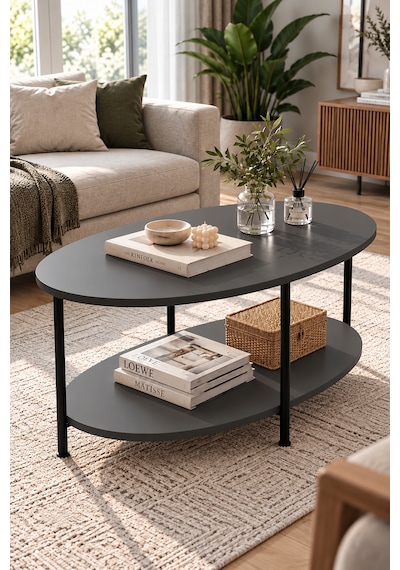 Oval Orta Sehpa 90 Cm İki Katlı Raflı Metal Ayaklı Modern Dekoratif Salon Sehpası Antrasit Oval Orta Sehpa 90 Cm İki Katlı Raflı Metal Ayaklı Modern Dekoratif Salon Sehpası Antrasit