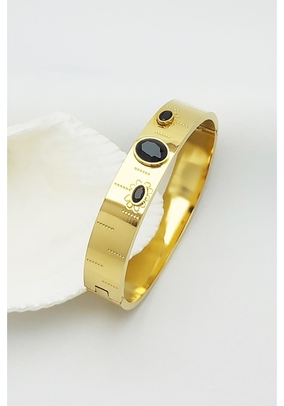 Caisya Altın Kaplama Onix Siyah Taşlı Vintage Çelik Kelepçe Bileklik 17 CM Gold Altın