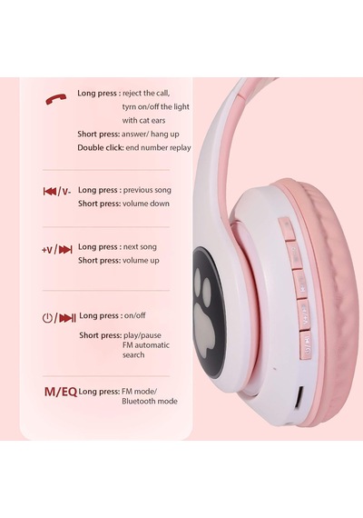 Led Işıklı Kedi Kulaklı Kablosuz Bluetooth Kulaklık Çocuklar İçin Katlanabilir, Derin Baslı Hifi Stereo, Tf Kart Ve Aux Girişli, Kız/erkek Uyumlu