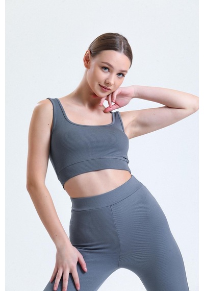 Thiff Gymwear Yeşil Fitilli Kare Yaka Esnek Örme Crop Büstiyer Atlet Antrasit