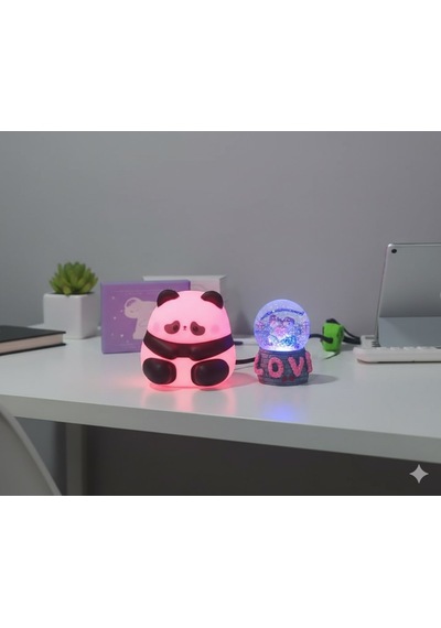 2 Li Sevgiliye Romantik Hediye Seti Slikon Panda Renkli Led Gece Lambası Ve 9 Cm Love Kar Küresi Set Pembe