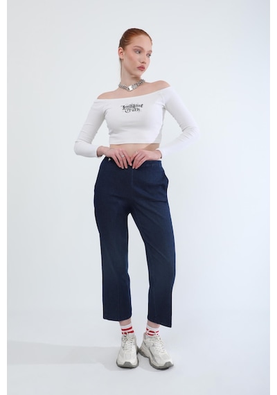 Kadın Beli Lastikli Likralı Yan Cepli Jean Pantolon Lacivert Lacivert