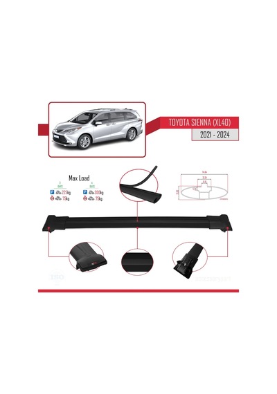 Toyota Sienna Xl40 2021 Ve Sonrası İle Uyumlu Fly Model Ara Atkı Tavan Barı Siyah 3 Adet Bar