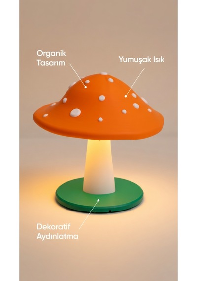 Dekoratif Mantar Gece Lambası - 3d Tasarım Estetik Oda Dekoru - Hediyelik Masa Lambası Mood Light Turuncu
