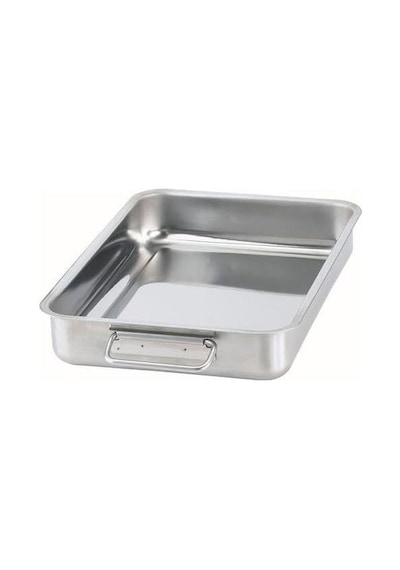 Metal Kare Fırın Kabı 24x34 Cm Paslanmaz Çelik Kulplu Kare Fırın Pişirme Tepsisi Gümüş