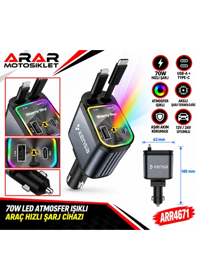70w Led Atmosfer Işıklı Araç Hızlı Şarj Cihazı-4671 1 Adet