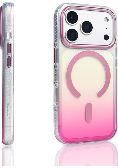 Apple Uyumlu iPhone 17 Pro Kılıf Transparan Renk Geçişli M-safe Şarj Özellikli Toros Kapak Rose Pembe