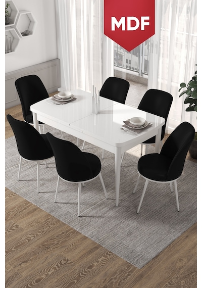 Canisa Concept Kor Serisi, 70x114 MDFAçılabilir Beyaz Yemek Masası Takımı,6 Siyah Sandalye Masa Beyaz Sandalyeler Siyah